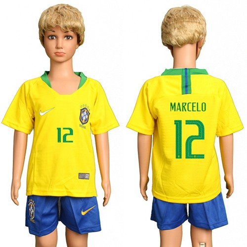 Brazil #12 Marcelo Home Kid Soccer Country Jersey